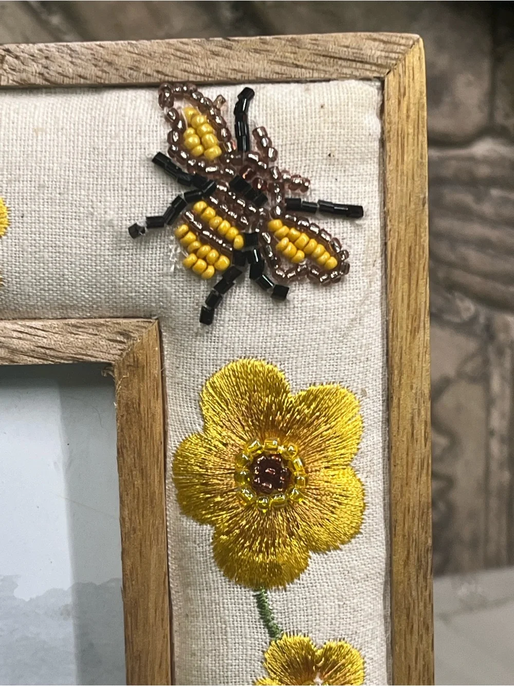 Handcrafted Embroidered Beaded Flower & Bumblebee 4”x6” Photo Picture Frame